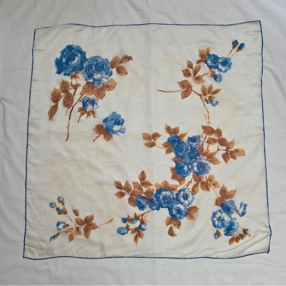 Vintage Acetate Blue Roses Made in Japan Square Scarf